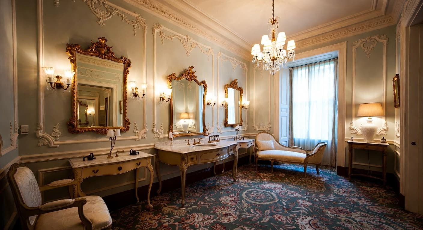 Victorian powder room interior design - featuring victorian style furniture, decor, colors, and layout ideas for your powder room