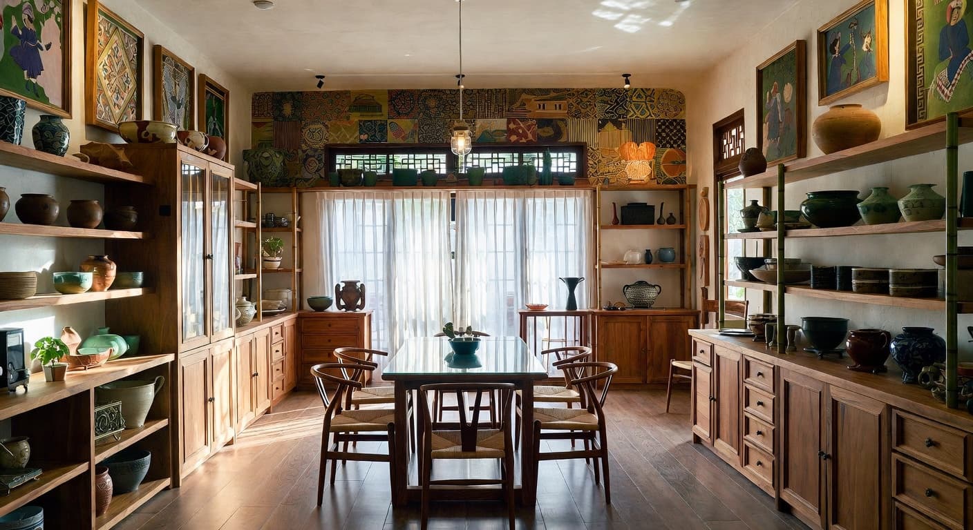 Vietnamese craft room / studio interior design - featuring vietnamese style furniture, decor, colors, and layout ideas for your craft room / studio