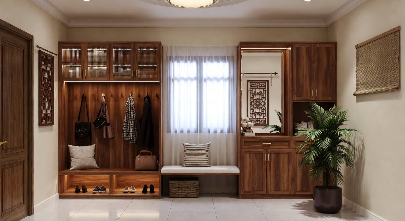 Vietnamese mudroom interior design - featuring vietnamese style furniture, decor, colors, and layout ideas for your mudroom