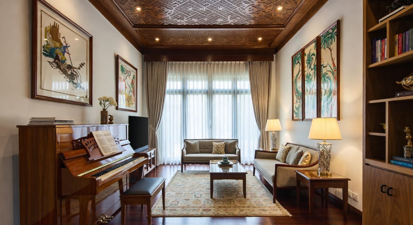 Vietnamese music room interior design - featuring vietnamese style furniture, decor, colors, and layout ideas for your music room