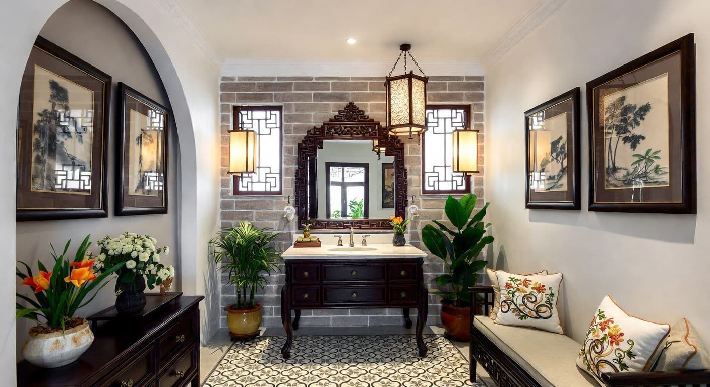 Vietnamese powder room interior design - featuring vietnamese style furniture, decor, colors, and layout ideas for your powder room