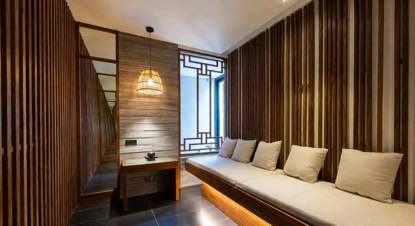 Vietnamese sauna / spa room interior design - featuring vietnamese style furniture, decor, colors, and layout ideas for your sauna / spa room