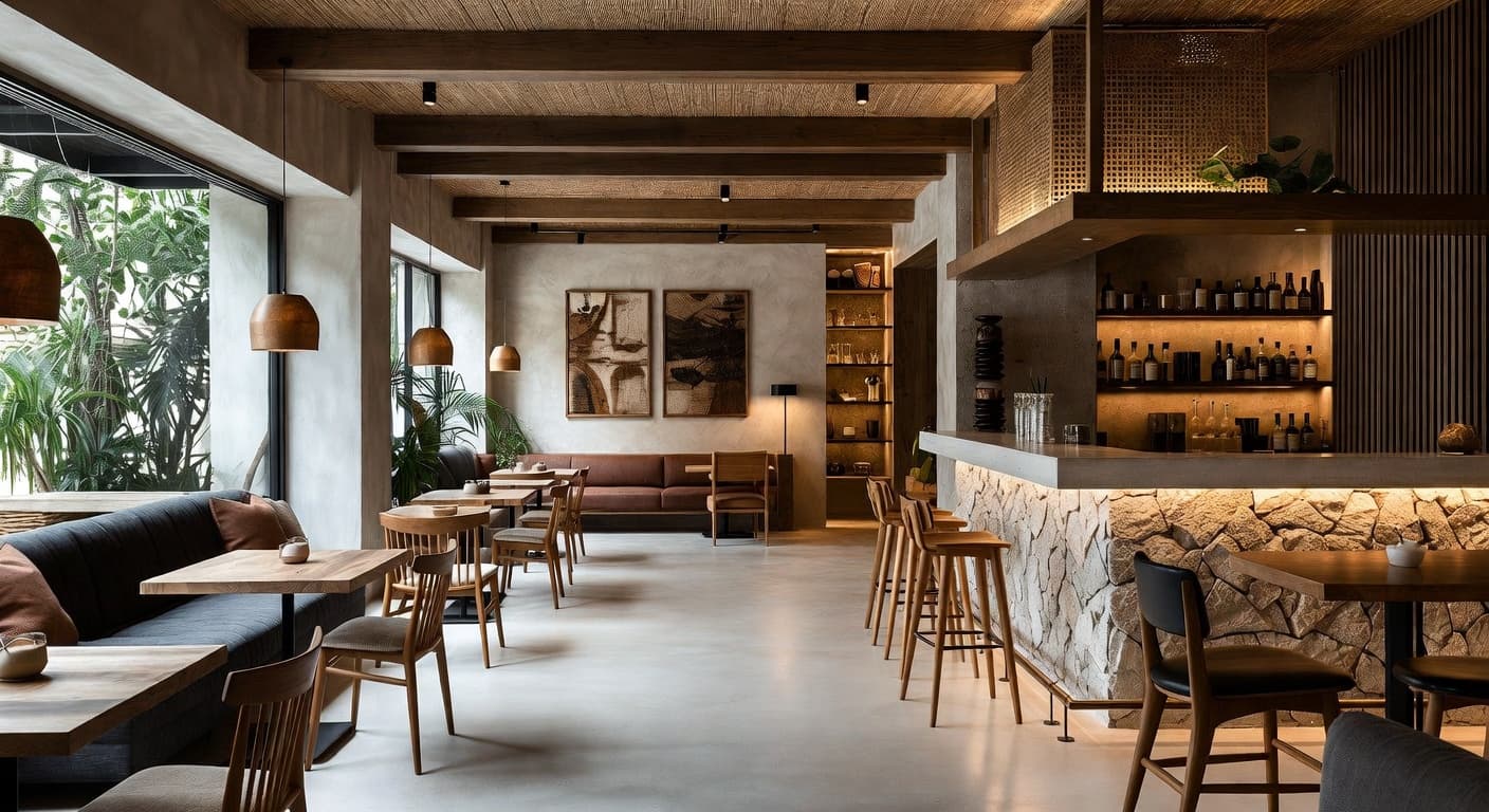 Wabi-Sabi bar room interior design - featuring wabi-sabi style furniture, decor, colors, and layout ideas for your bar room