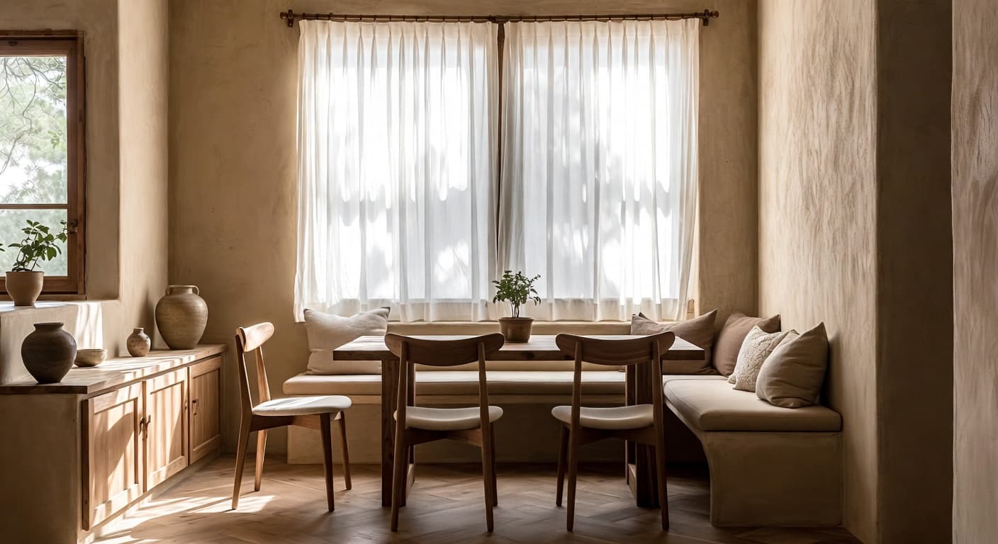 Wabi-Sabi breakfast nook interior design - featuring wabi-sabi style furniture, decor, colors, and layout ideas for your breakfast nook