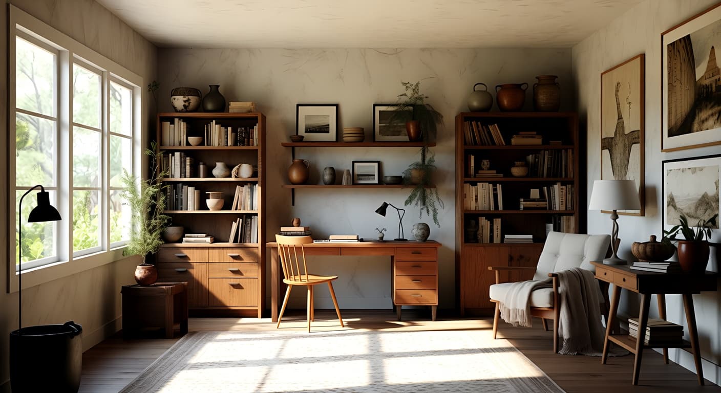 Wabi-Sabi craft room / studio interior design - featuring wabi-sabi style furniture, decor, colors, and layout ideas for your craft room / studio