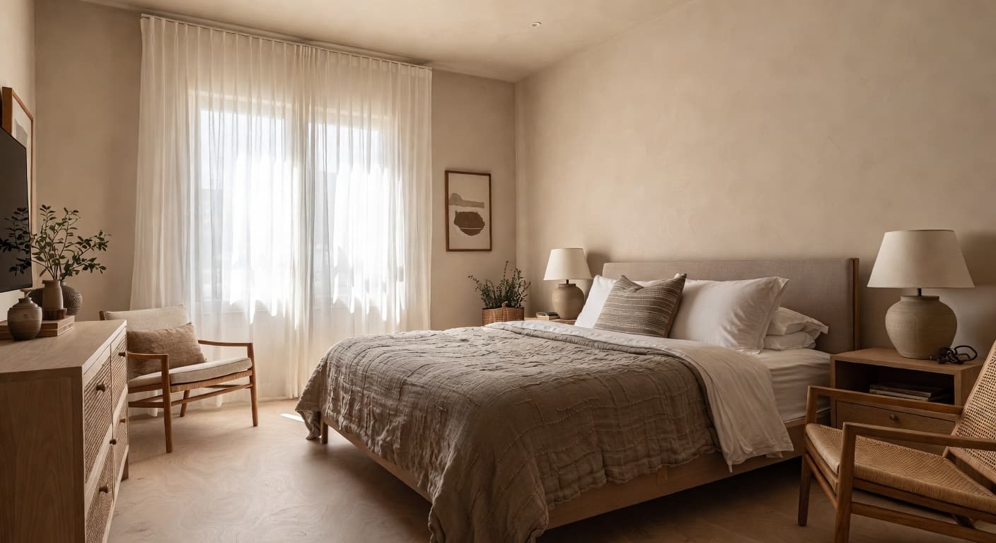 Wabi-Sabi guest room interior design - featuring wabi-sabi style furniture, decor, colors, and layout ideas for your guest room