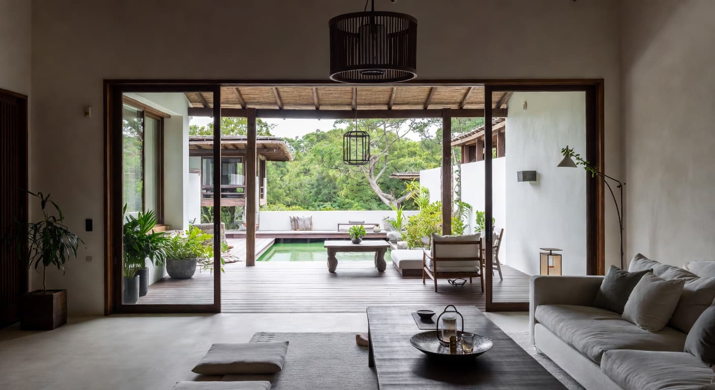 Wabi-Sabi outdoor space interior design - featuring wabi-sabi style furniture, decor, colors, and layout ideas for your outdoor space