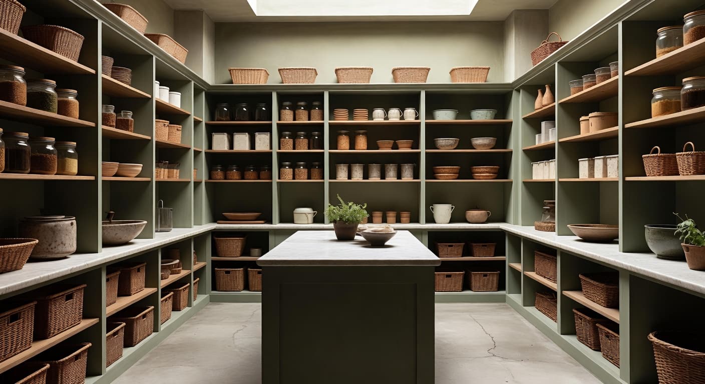 Wabi-Sabi pantry interior design - featuring wabi-sabi style furniture, decor, colors, and layout ideas for your pantry