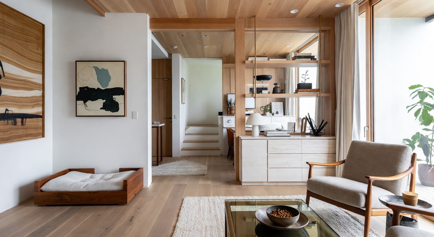 Wabi-Sabi pet room interior design - featuring wabi-sabi style furniture, decor, colors, and layout ideas for your pet room