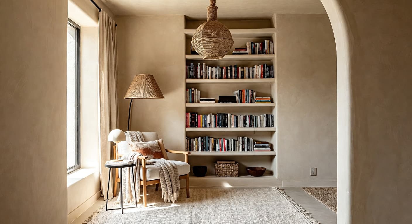 Wabi-Sabi reading nook interior design - featuring wabi-sabi style furniture, decor, colors, and layout ideas for your reading nook