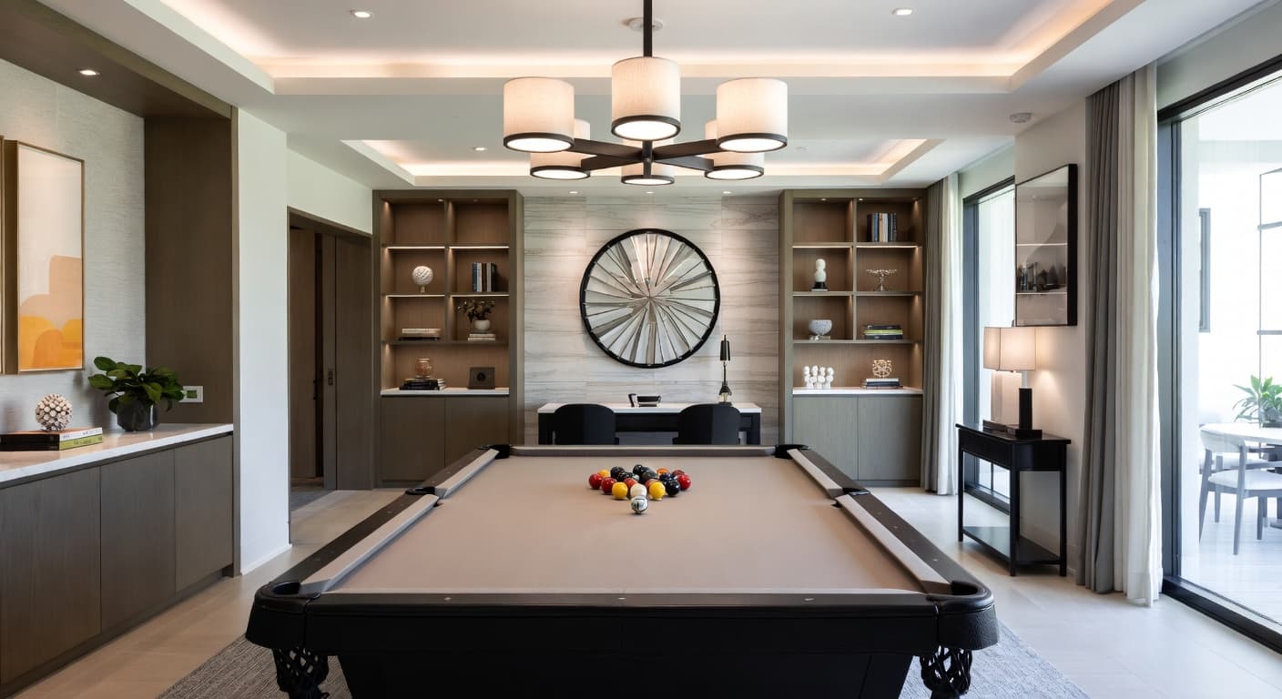 Warm Minimalism billiards room interior design - featuring warm minimalism style furniture, decor, colors, and layout ideas for your billiards room