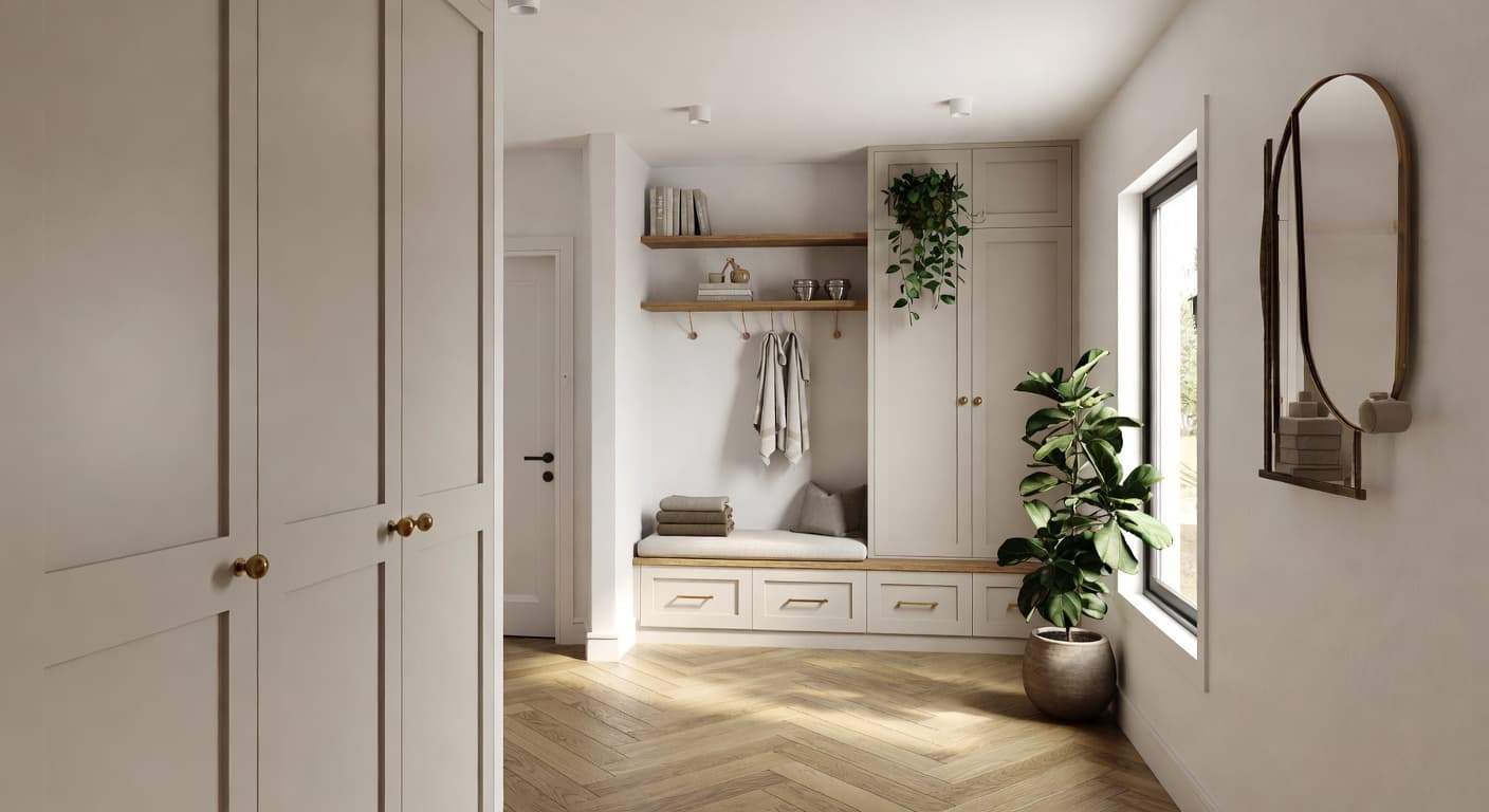 Warm Minimalism mudroom interior design - featuring warm minimalism style furniture, decor, colors, and layout ideas for your mudroom