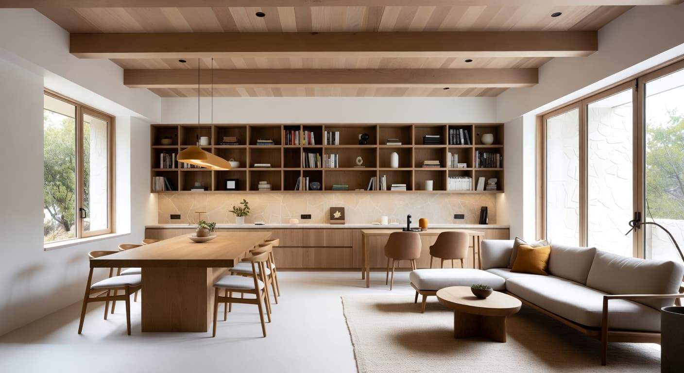 Zen craft room / studio interior design - featuring zen style furniture, decor, colors, and layout ideas for your craft room / studio