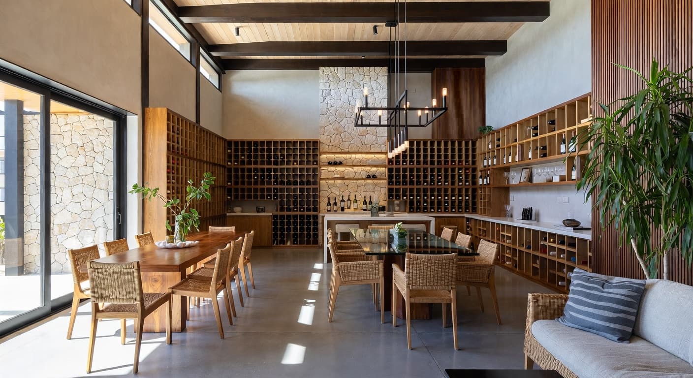 Zen wine cellar interior design - featuring zen style furniture, decor, colors, and layout ideas for your wine cellar