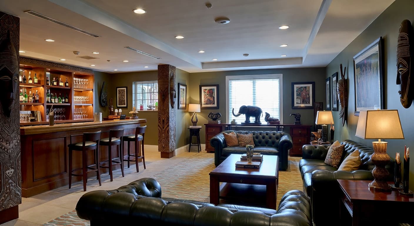 African smoking room / cigar lounge interior design - featuring african style furniture, decor, colors, and layout ideas for your smoking room / cigar lounge