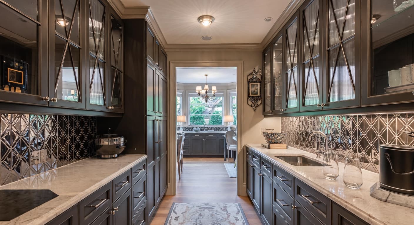 Art Deco butler's pantry interior design - featuring art deco style furniture, decor, colors, and layout ideas for your butler's pantry