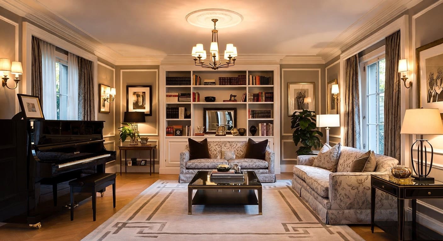 Art Deco music room interior design - featuring art deco style furniture, decor, colors, and layout ideas for your music room