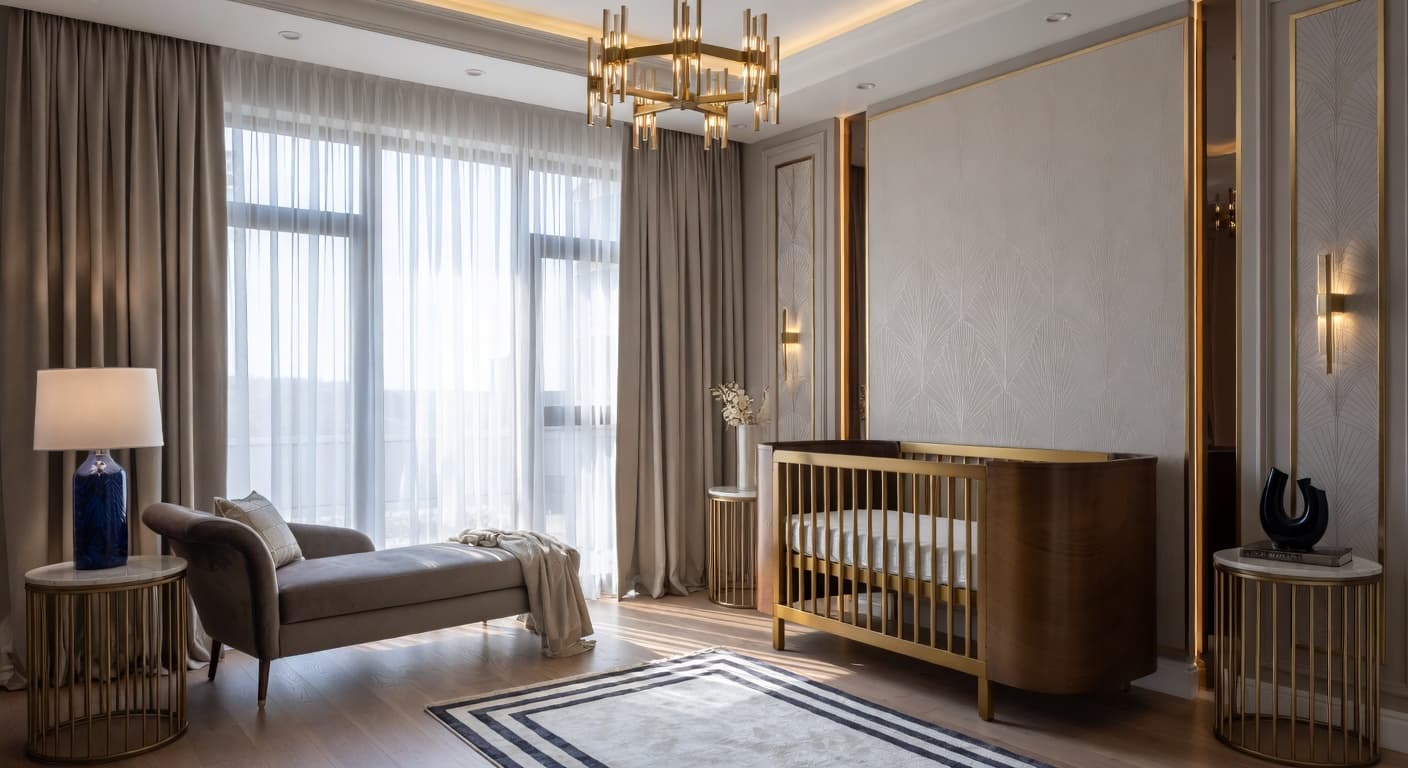 Art Deco nursery interior design - featuring art deco style furniture, decor, colors, and layout ideas for your nursery