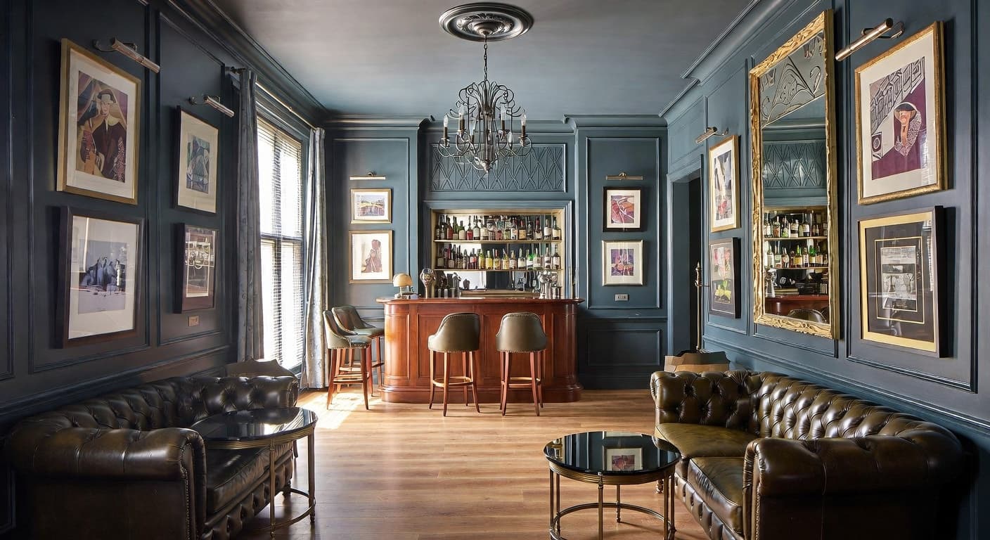 Art Deco smoking room / cigar lounge interior design - featuring art deco style furniture, decor, colors, and layout ideas for your smoking room / cigar lounge