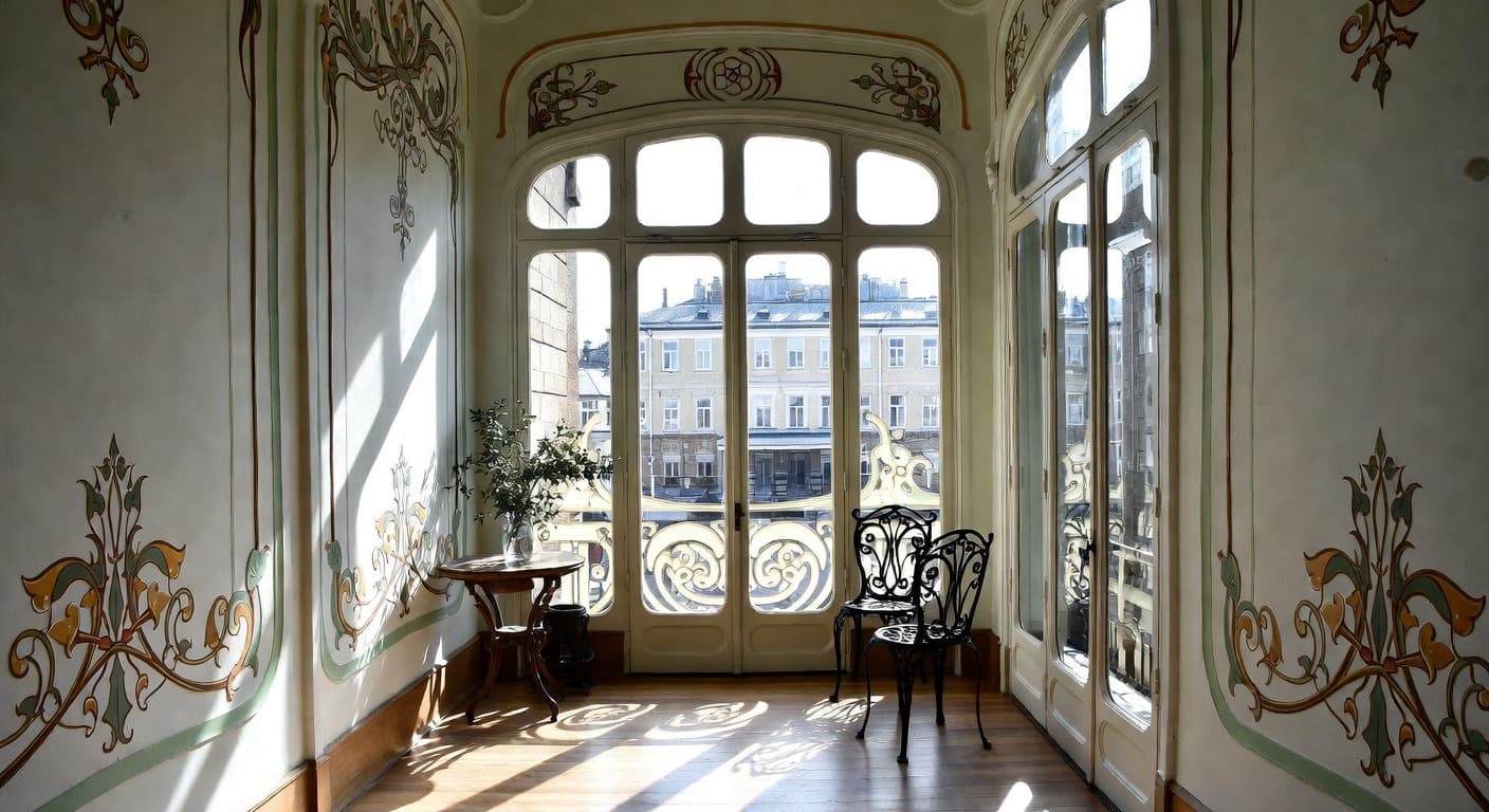 Art Nouveau balcony / terrace interior design - featuring art nouveau style furniture, decor, colors, and layout ideas for your balcony / terrace