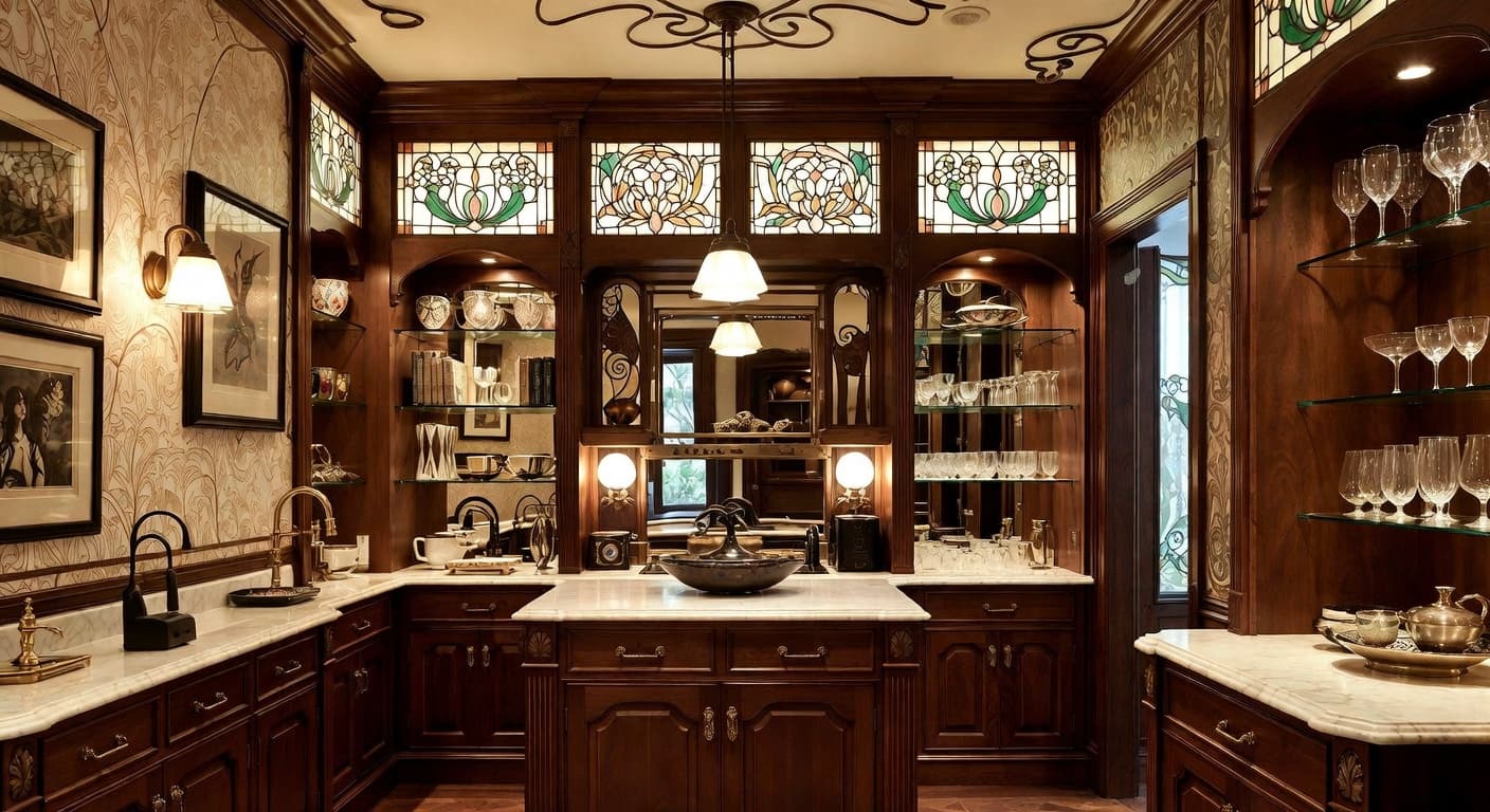 Art Nouveau butler's pantry interior design - featuring art nouveau style furniture, decor, colors, and layout ideas for your butler's pantry