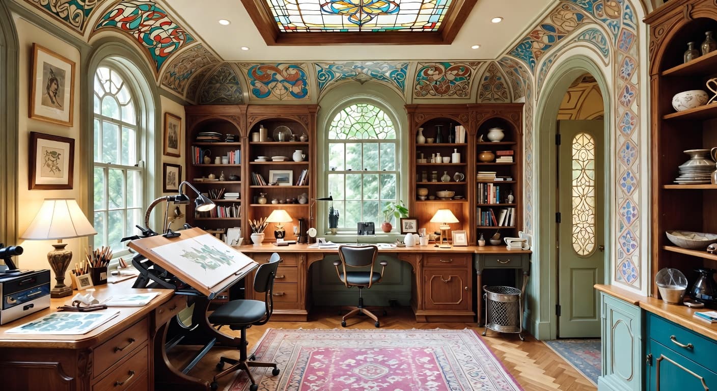 Art Nouveau craft room / studio interior design - featuring art nouveau style furniture, decor, colors, and layout ideas for your craft room / studio