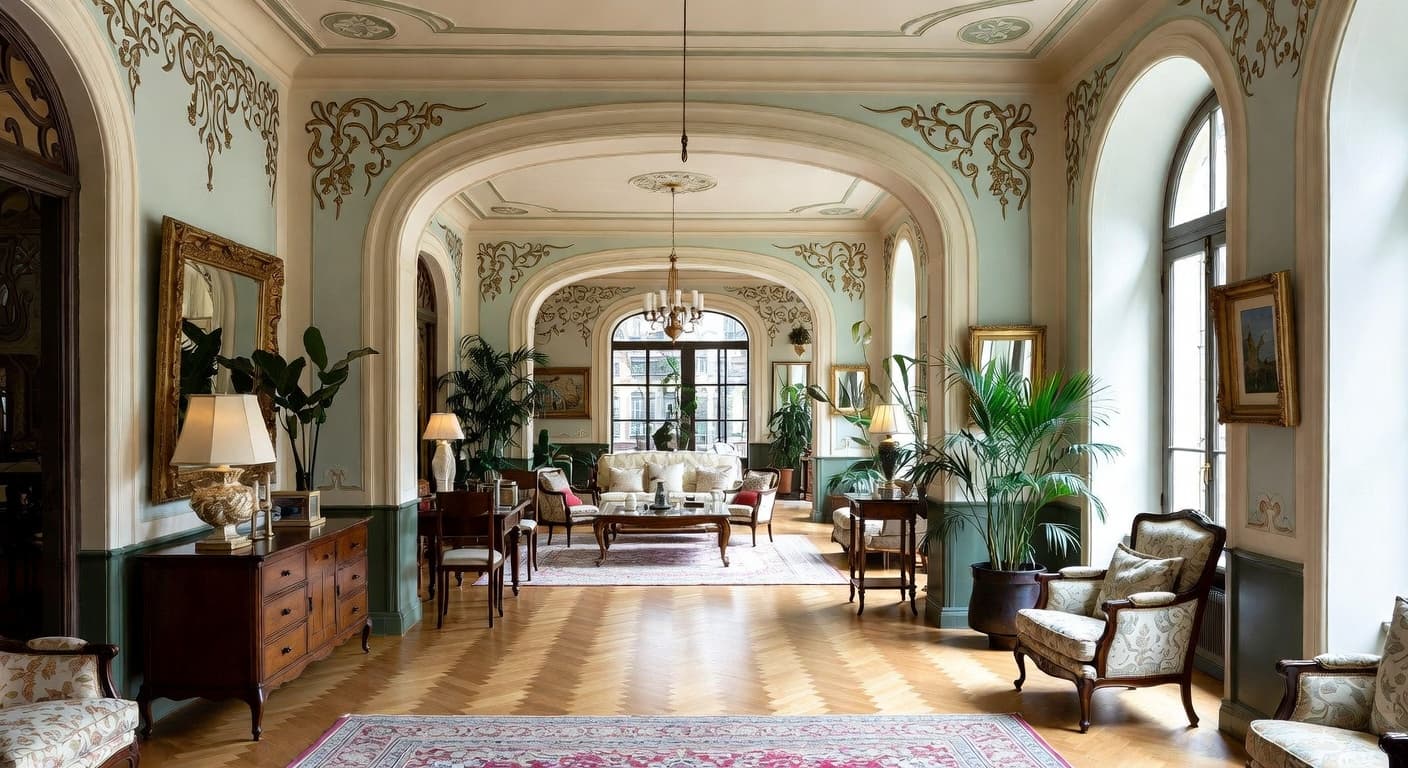 Art Nouveau gallery / art display interior design - featuring art nouveau style furniture, decor, colors, and layout ideas for your gallery / art display