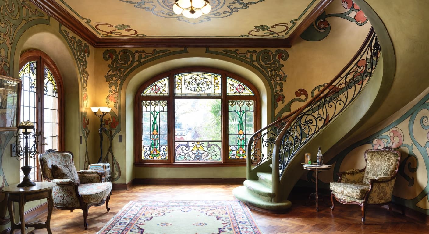 Art Nouveau game room interior design - featuring art nouveau style furniture, decor, colors, and layout ideas for your game room