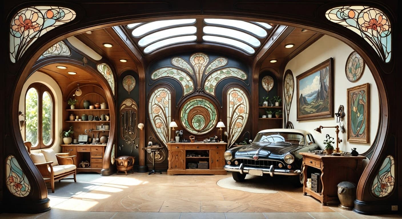 Art Nouveau garage interior interior design - featuring art nouveau style furniture, decor, colors, and layout ideas for your garage interior