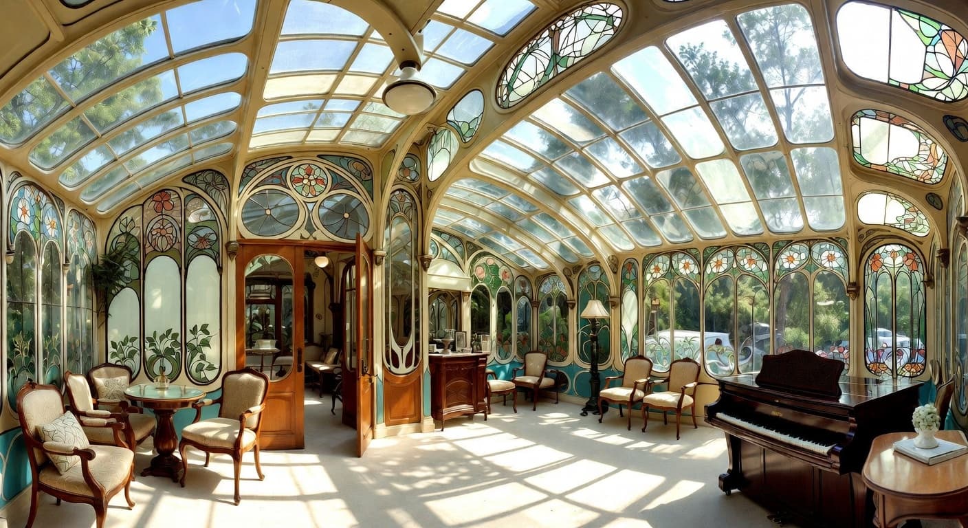Art Nouveau greenhouse interior design - featuring art nouveau style furniture, decor, colors, and layout ideas for your greenhouse
