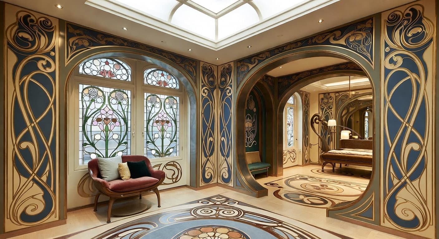 Art Nouveau kids room interior design - featuring art nouveau style furniture, decor, colors, and layout ideas for your kids room