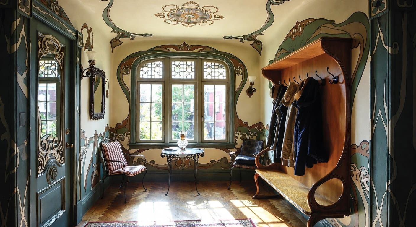 Art Nouveau mudroom interior design - featuring art nouveau style furniture, decor, colors, and layout ideas for your mudroom