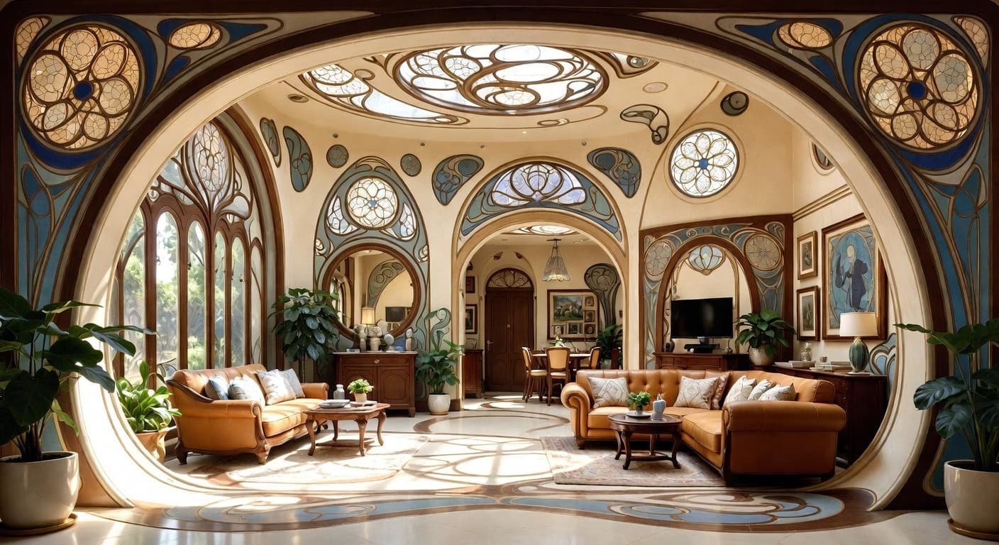 Art Nouveau multi-purpose room interior design - featuring art nouveau style furniture, decor, colors, and layout ideas for your multi-purpose room