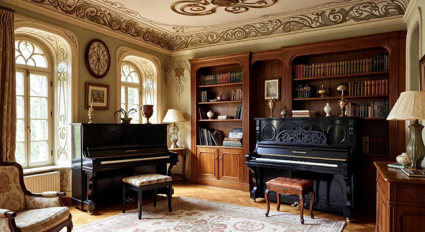 Art Nouveau music room interior design - featuring art nouveau style furniture, decor, colors, and layout ideas for your music room