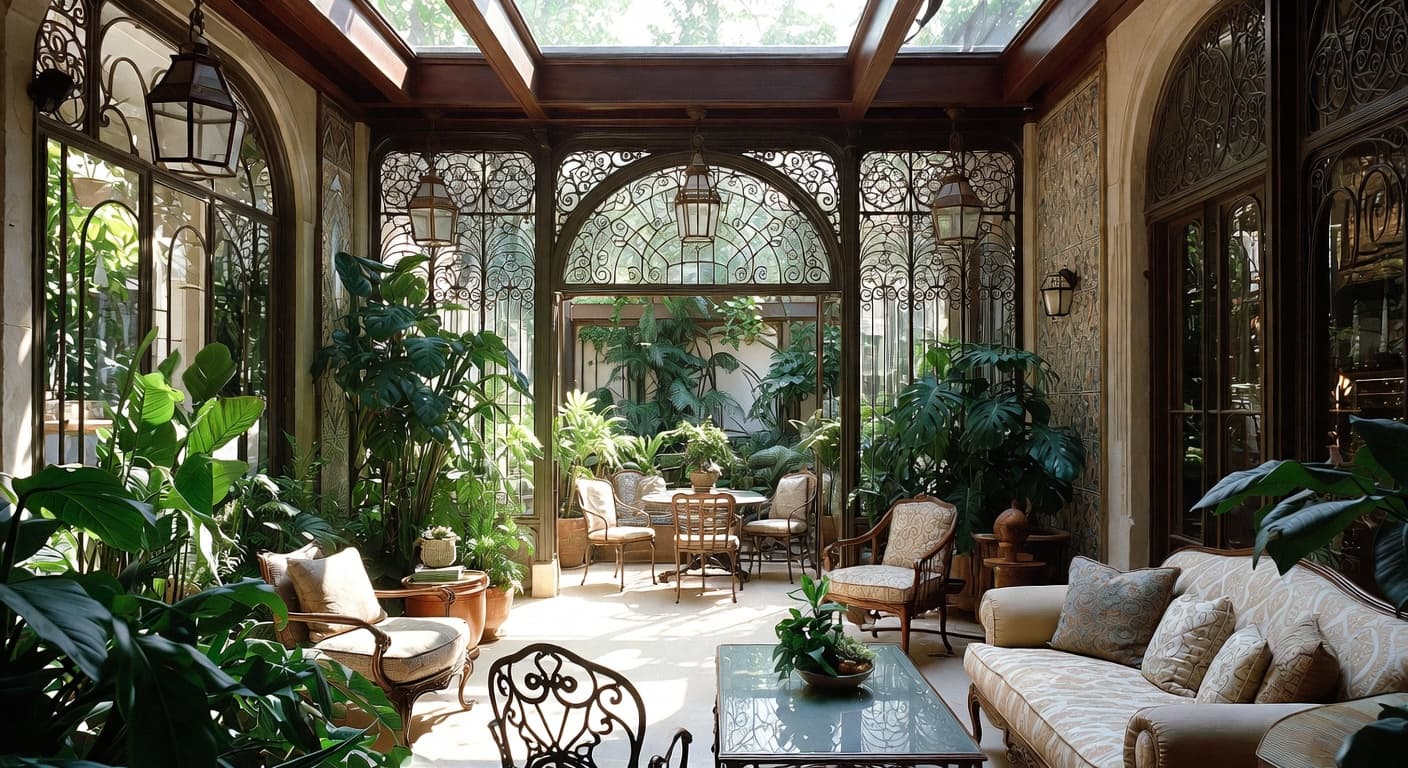 Art Nouveau outdoor space interior design - featuring art nouveau style furniture, decor, colors, and layout ideas for your outdoor space