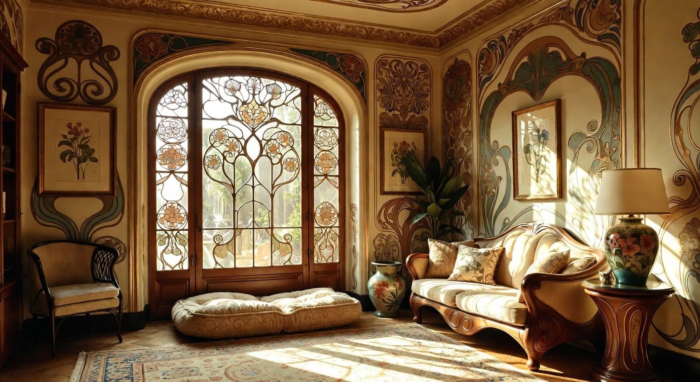 Art Nouveau pet room interior design - featuring art nouveau style furniture, decor, colors, and layout ideas for your pet room