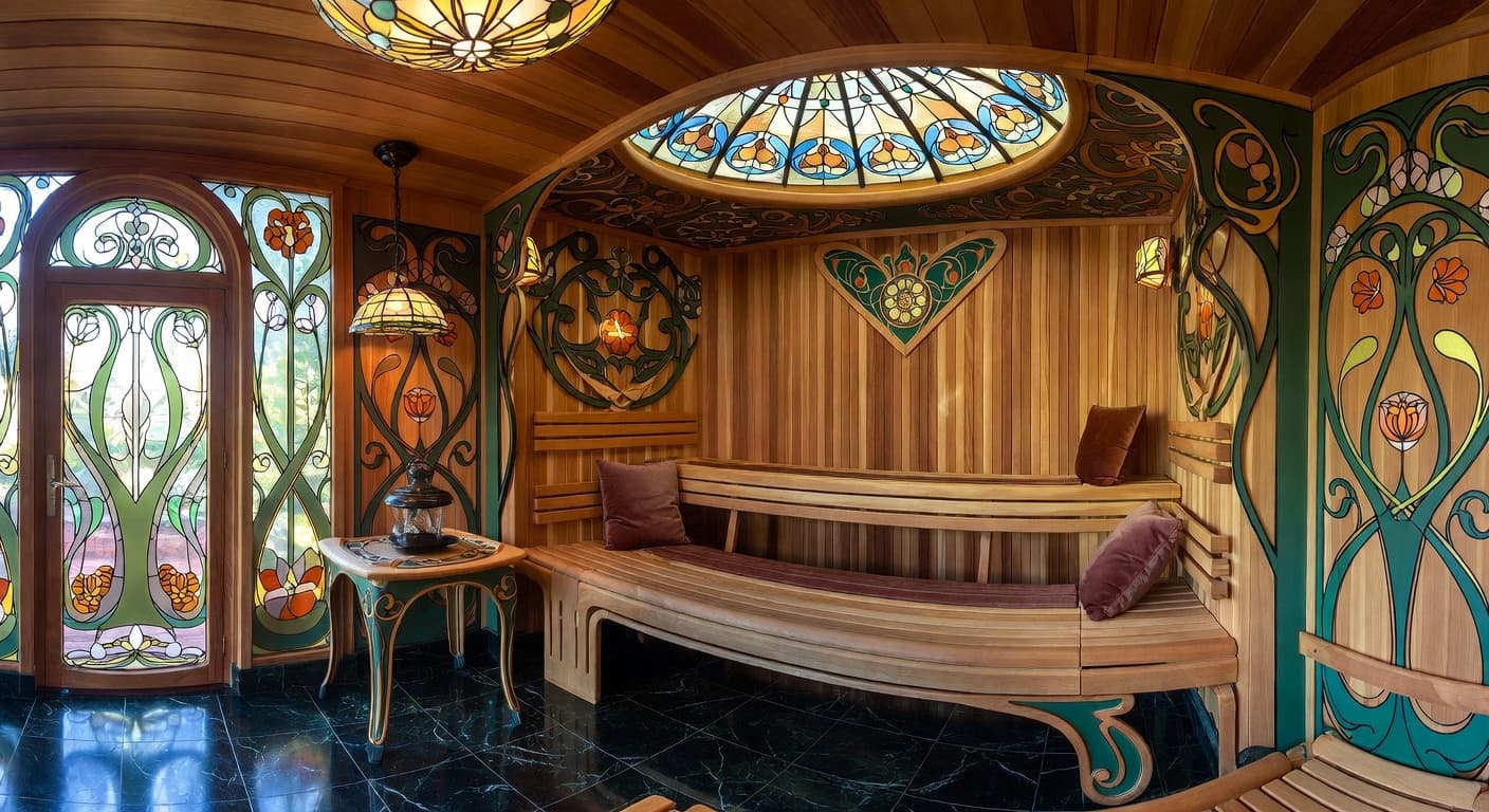 Art Nouveau sauna / spa room interior design - featuring art nouveau style furniture, decor, colors, and layout ideas for your sauna / spa room