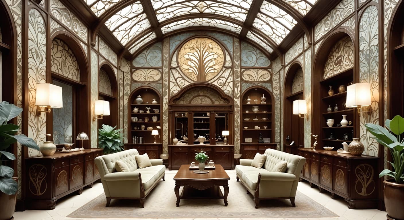 Art Nouveau smoking room / cigar lounge interior design - featuring art nouveau style furniture, decor, colors, and layout ideas for your smoking room / cigar lounge