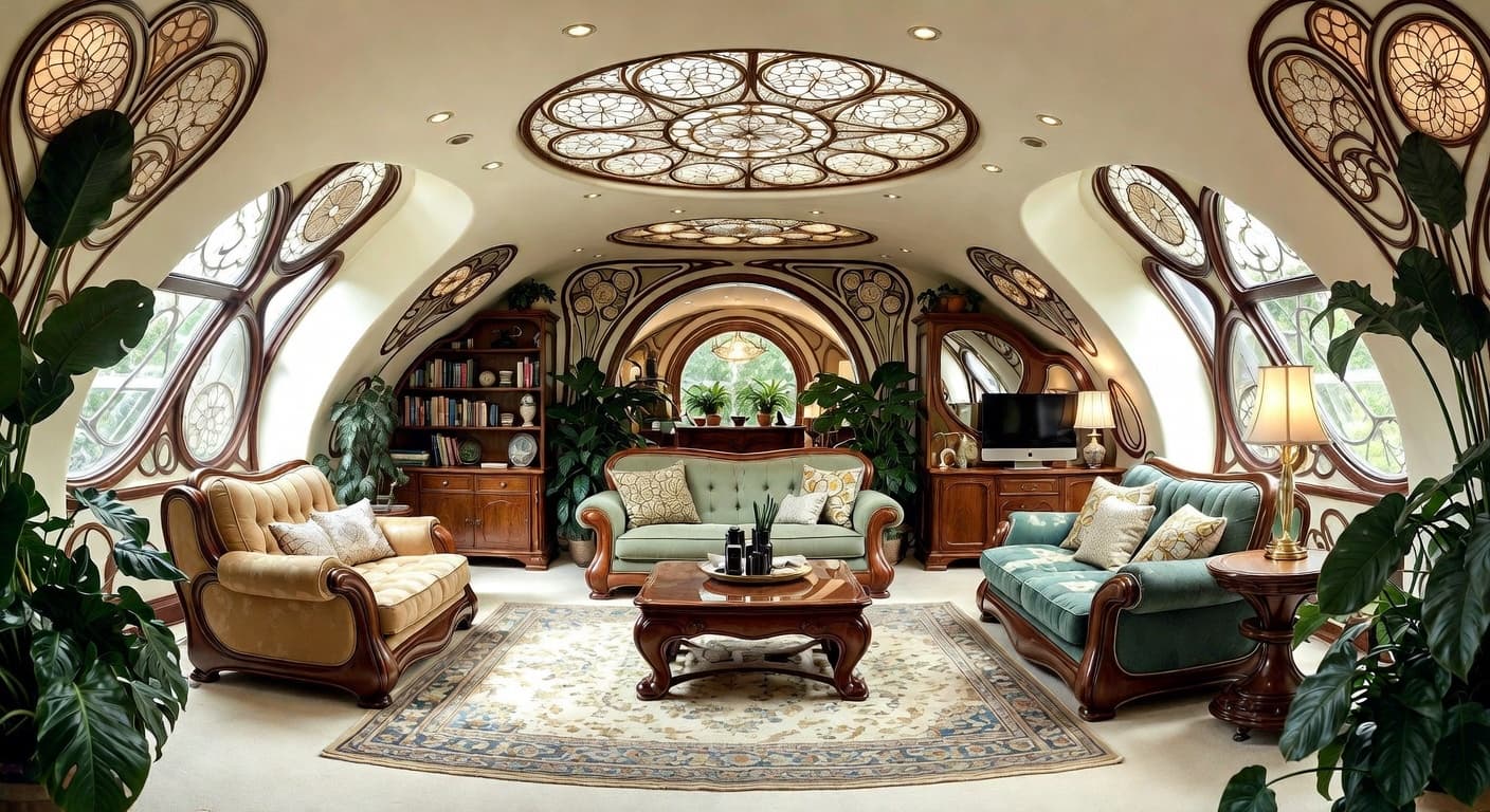 Art Nouveau teen room / den interior design - featuring art nouveau style furniture, decor, colors, and layout ideas for your teen room / den