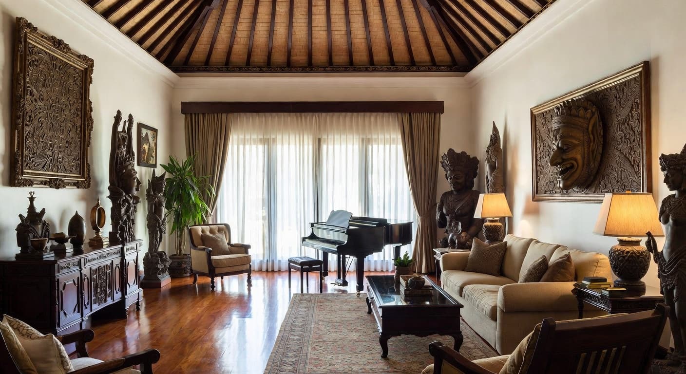 Balinese music room interior design - featuring balinese style furniture, decor, colors, and layout ideas for your music room