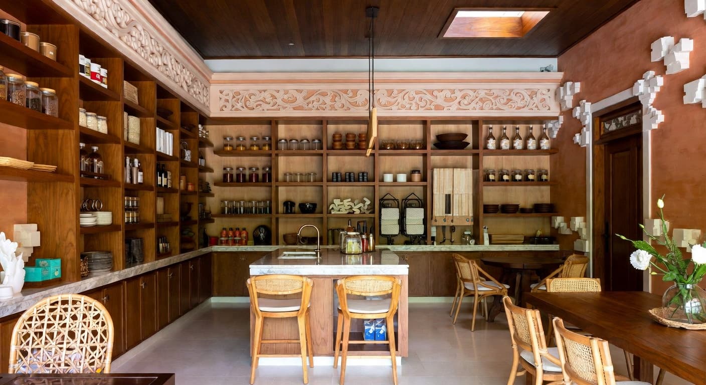 Balinese pantry interior design - featuring balinese style furniture, decor, colors, and layout ideas for your pantry