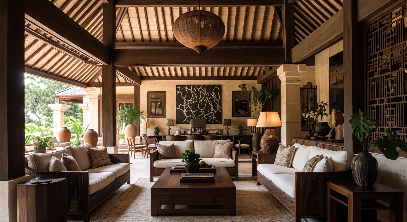 Balinese smoking room / cigar lounge interior design - featuring balinese style furniture, decor, colors, and layout ideas for your smoking room / cigar lounge