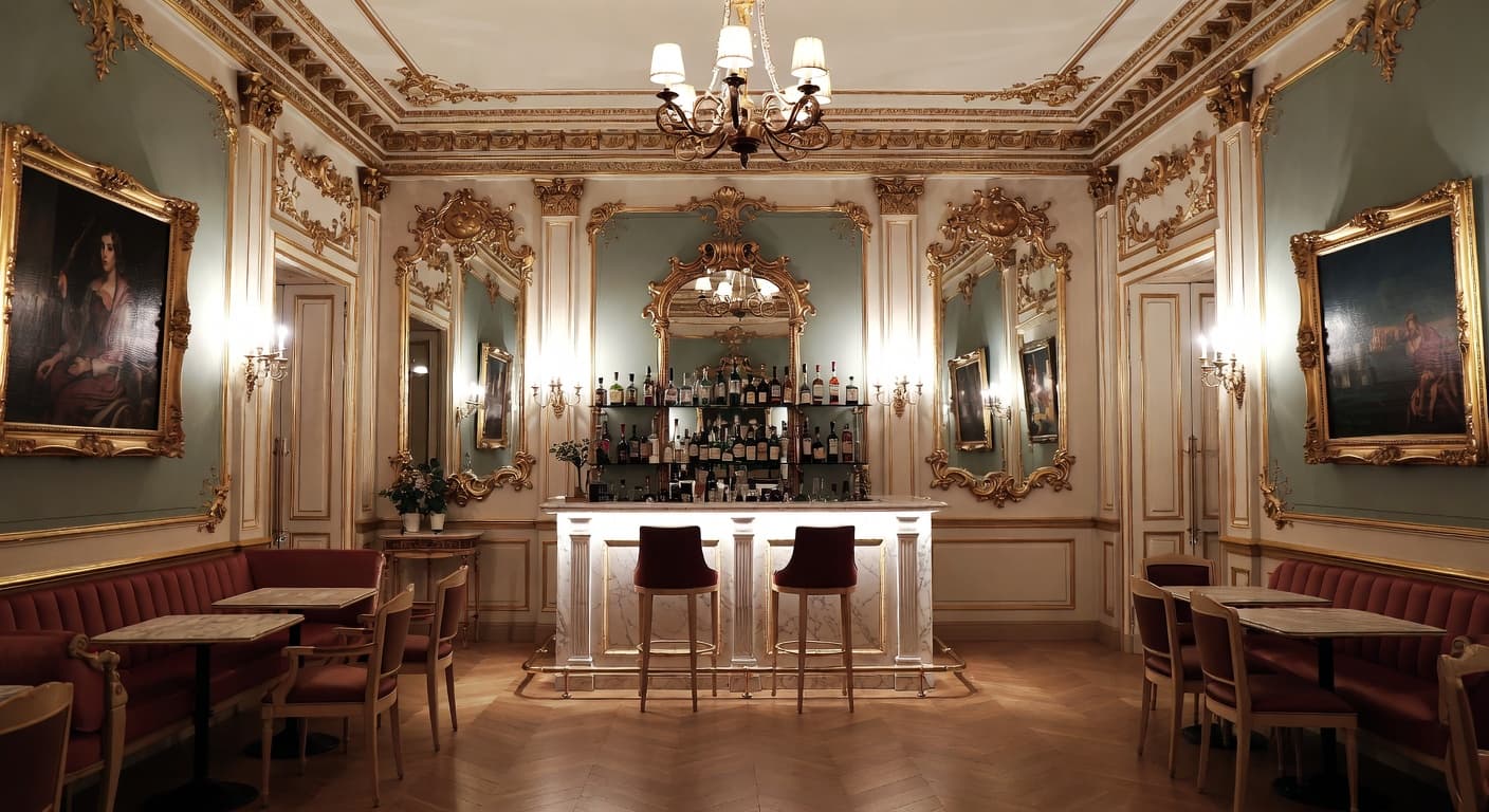 Baroque bar room interior design - featuring baroque style furniture, decor, colors, and layout ideas for your bar room