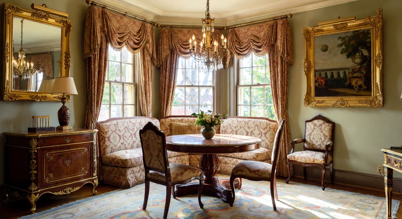 Baroque breakfast nook interior design - featuring baroque style furniture, decor, colors, and layout ideas for your breakfast nook