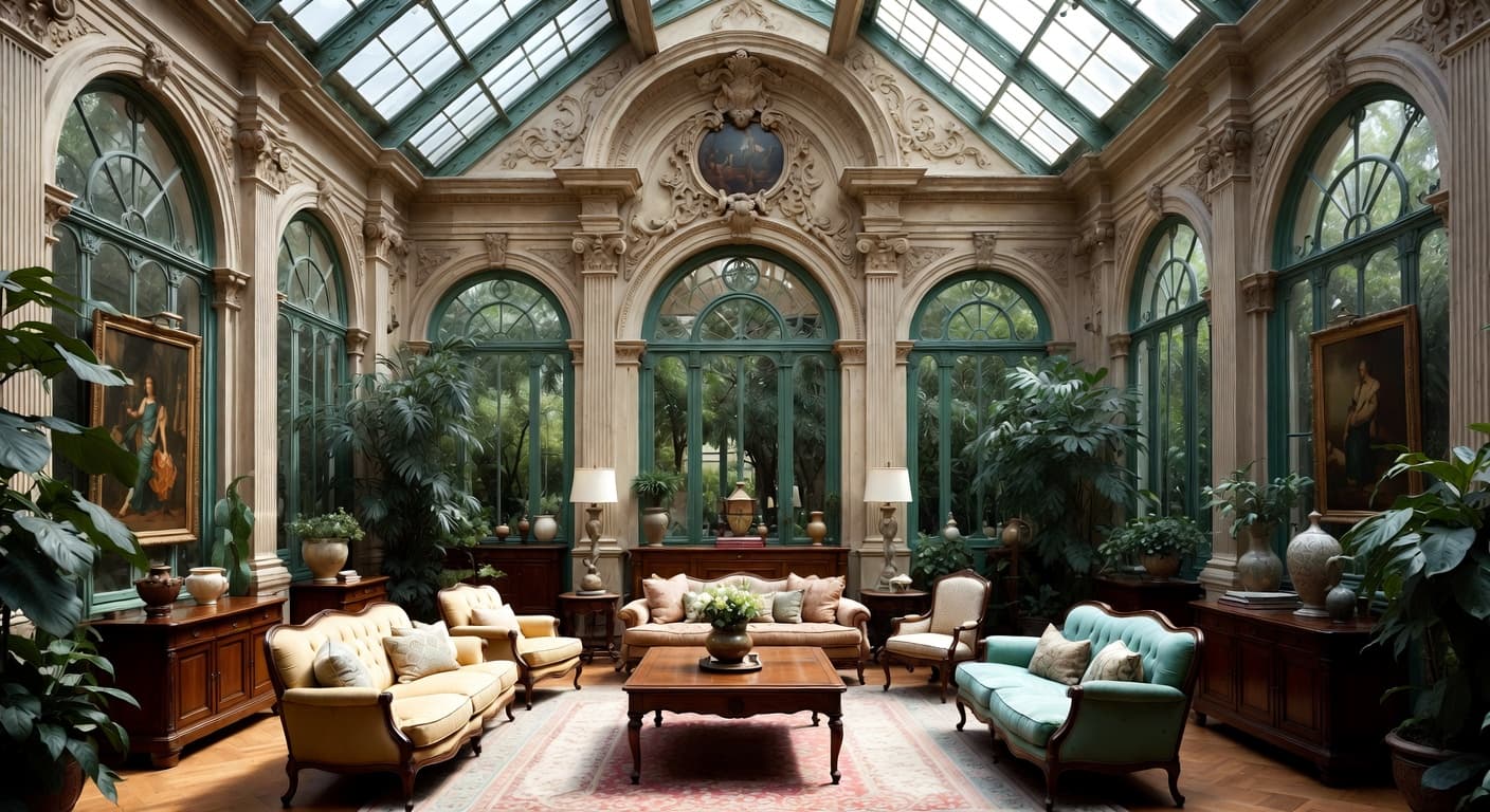 Baroque greenhouse interior design - featuring baroque style furniture, decor, colors, and layout ideas for your greenhouse