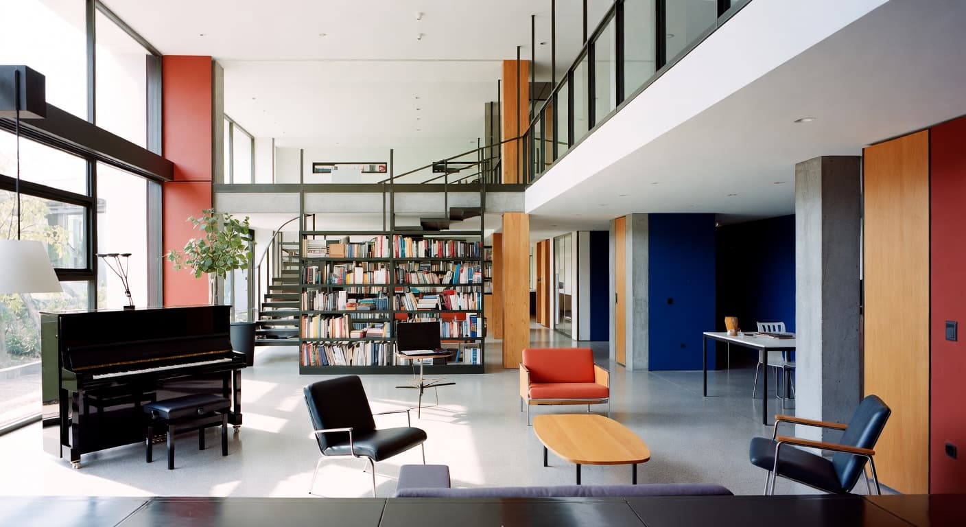 Bauhaus music room interior design - featuring bauhaus style furniture, decor, colors, and layout ideas for your music room