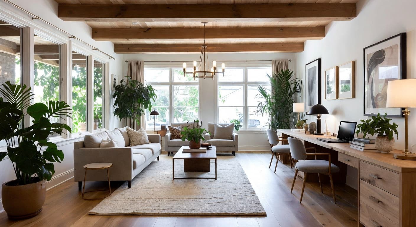 Biophilic craft room / studio interior design - featuring biophilic style furniture, decor, colors, and layout ideas for your craft room / studio