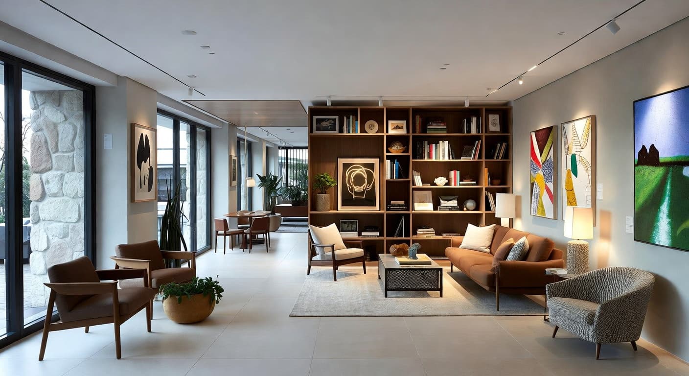 Biophilic gallery / art display interior design - featuring biophilic style furniture, decor, colors, and layout ideas for your gallery / art display