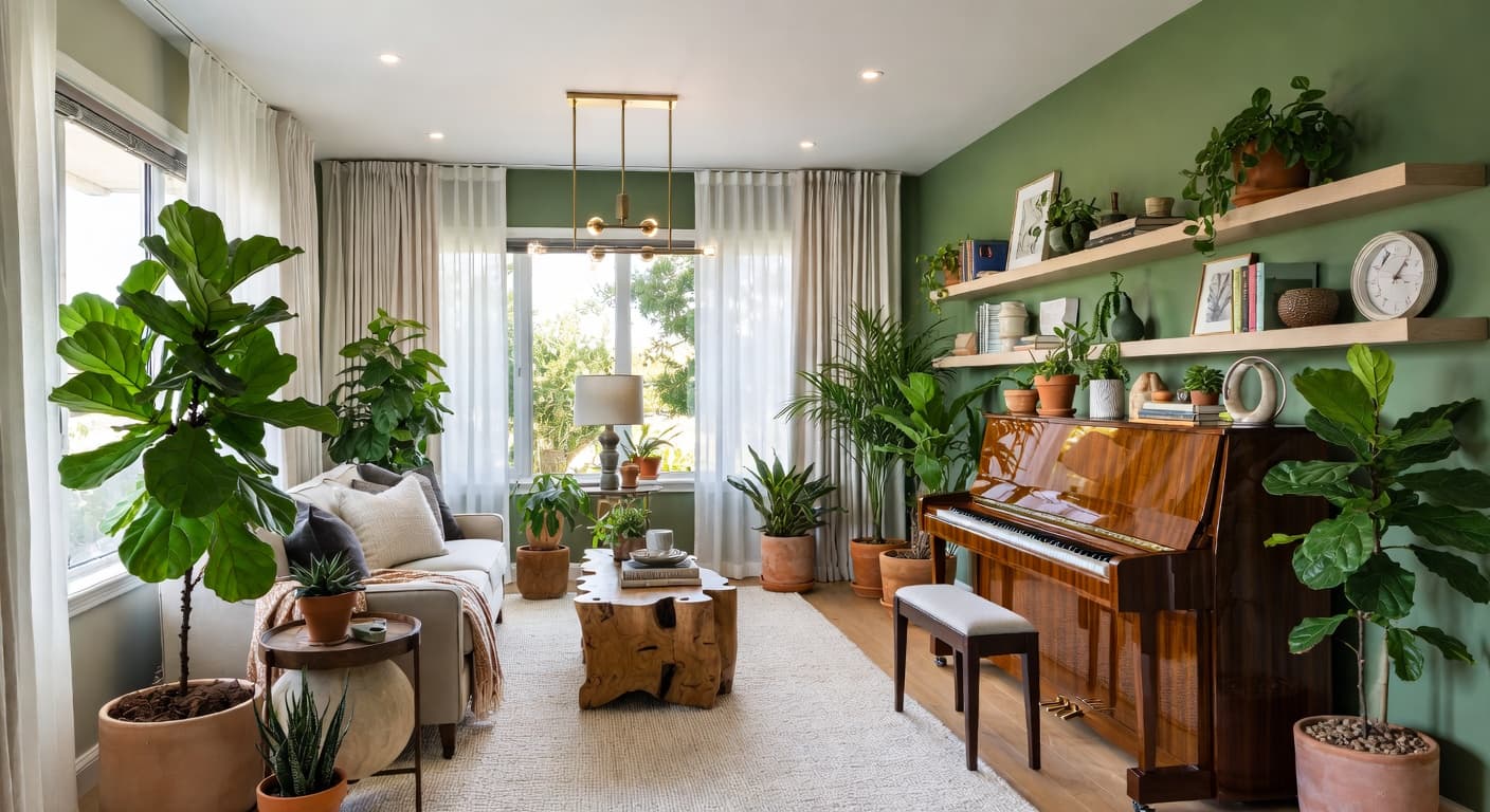 Biophilic music room interior design - featuring biophilic style furniture, decor, colors, and layout ideas for your music room