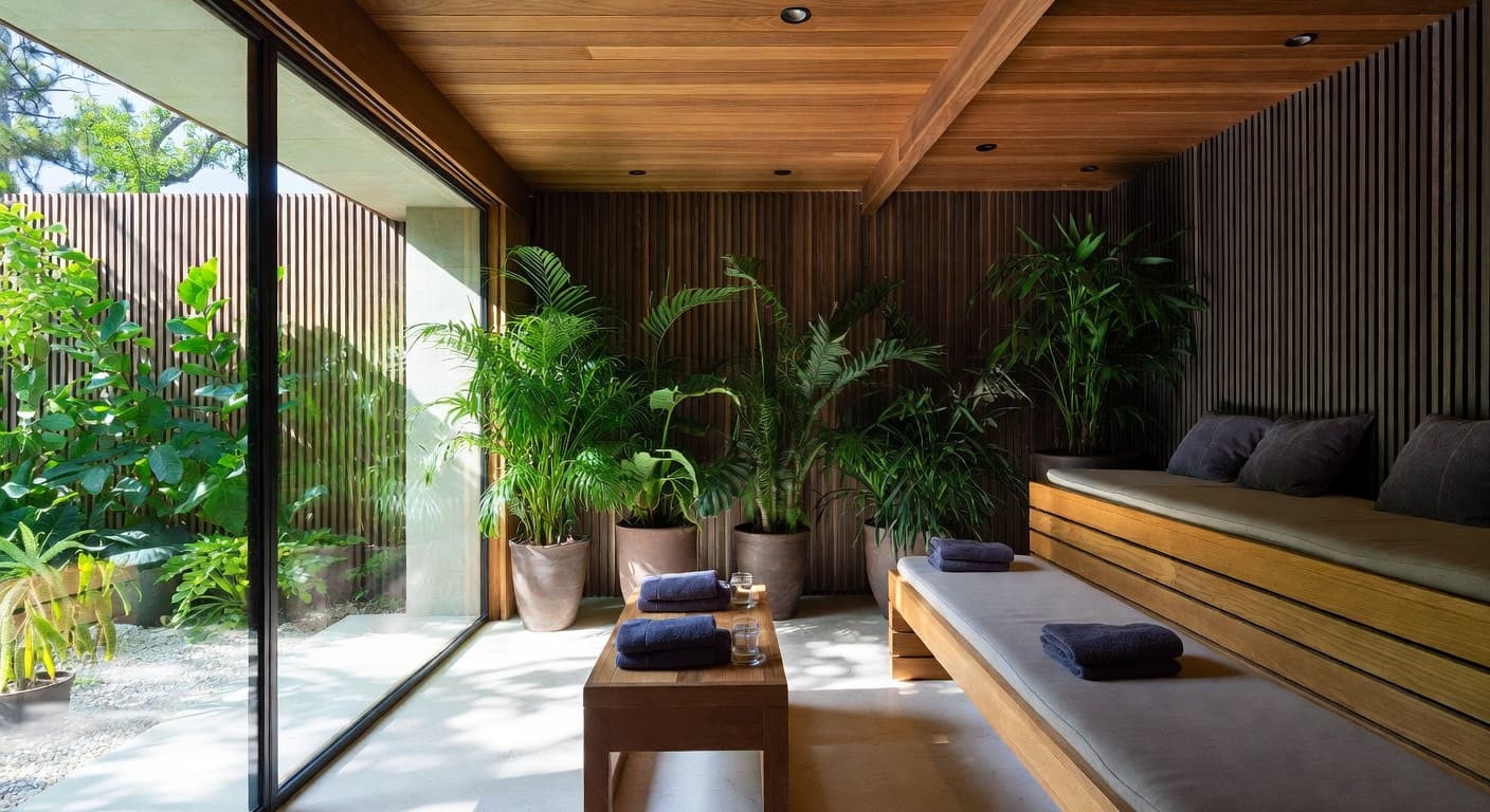 Biophilic sauna / spa room interior design - featuring biophilic style furniture, decor, colors, and layout ideas for your sauna / spa room